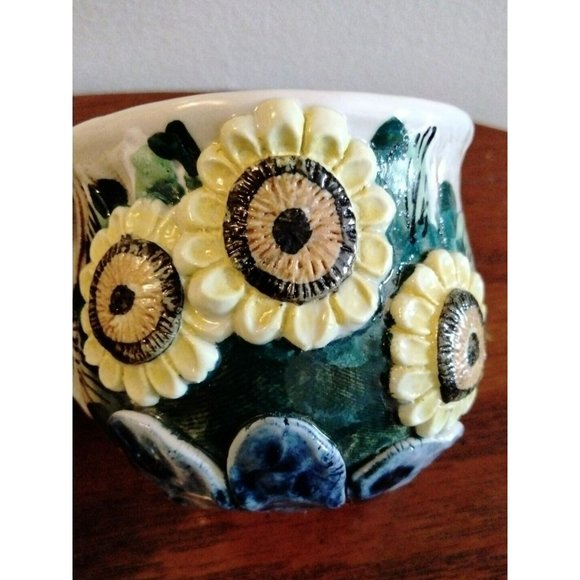 2 Sunflower Coffee Tea Cups Mugs Spoons Handmade Glazed Pottery Studio Crafted - Picture 9 of 11